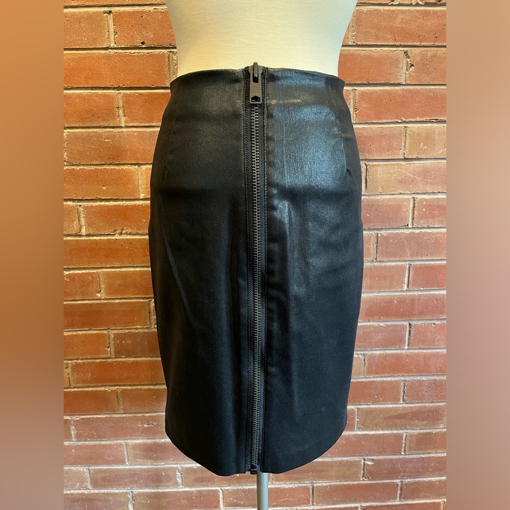 All Saints Black Leather Midi Skirt with Front Zip